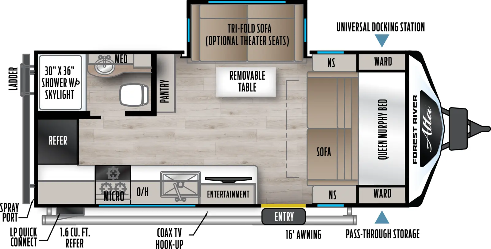 The Alta 1900MMK floorplan has one entry and one slide out. Exterior features include: fiberglass exterior and 16' awning. Interiors features include: front bedroom and murphy bed.